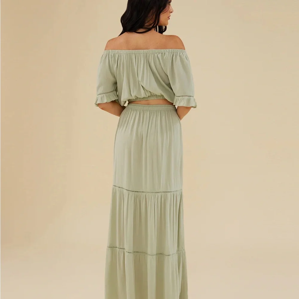 RACHEL PARCELL Bohemian Green Off-Shoulder Skirt Set medium and large - Picture 2 of 11
